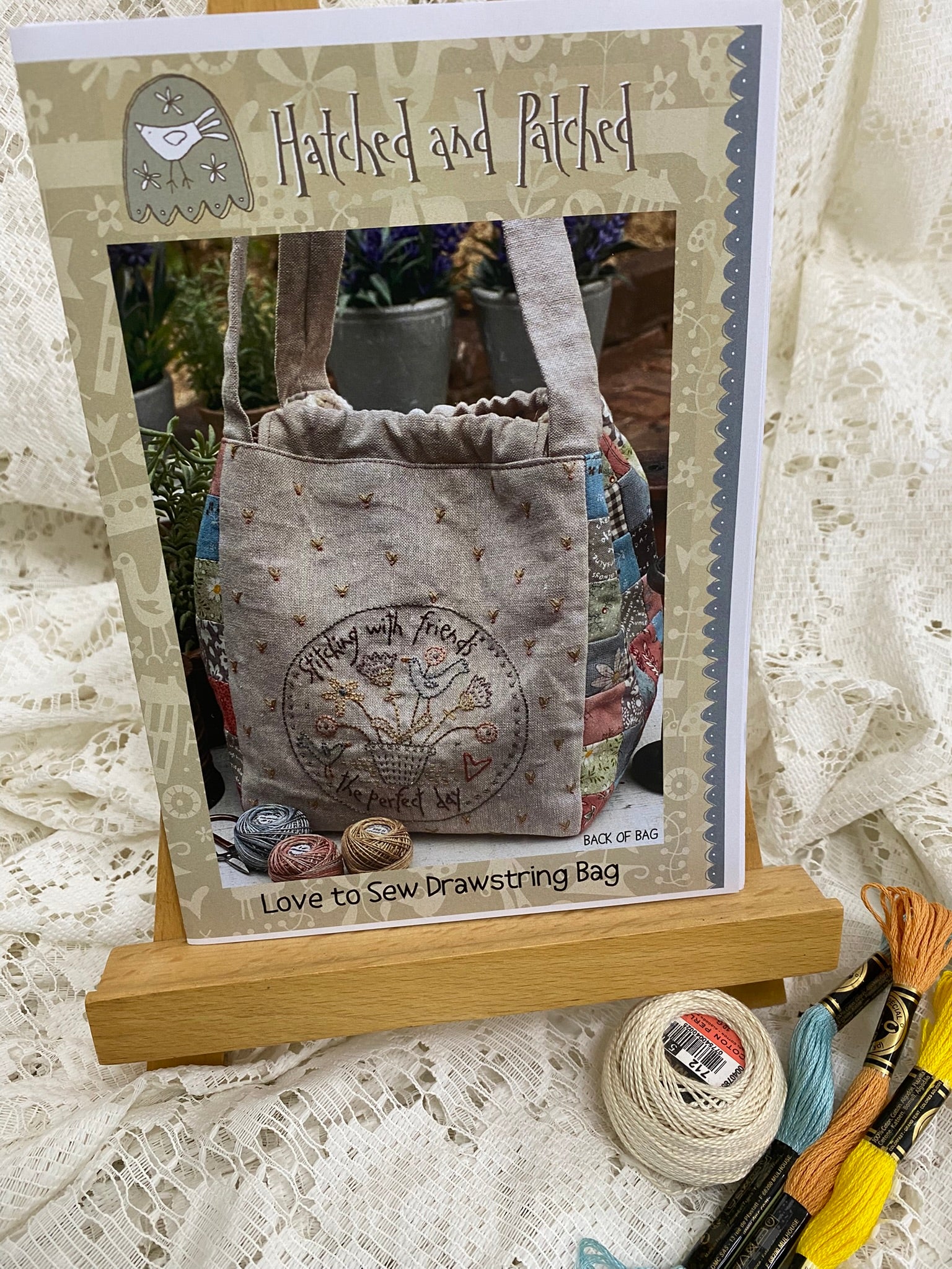 Hatched and Patched Love to Sew Drawstring Bag